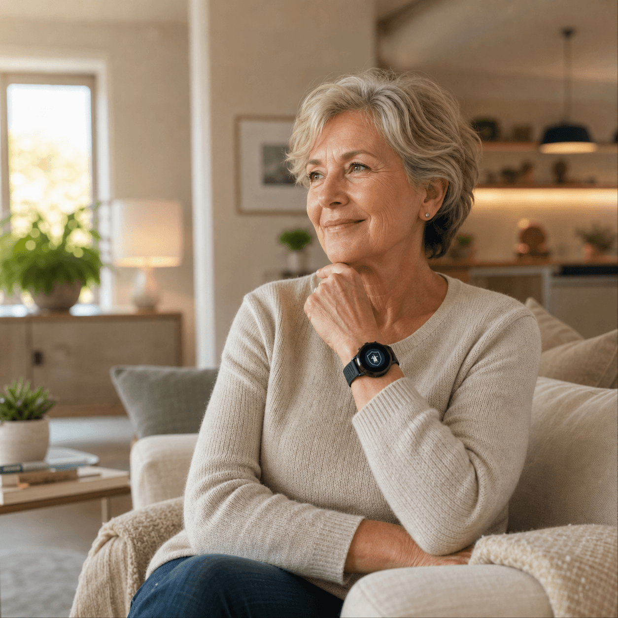 Older adult at home wearing a Smart Alert Watch with the Connected & Protected logo on the watch face