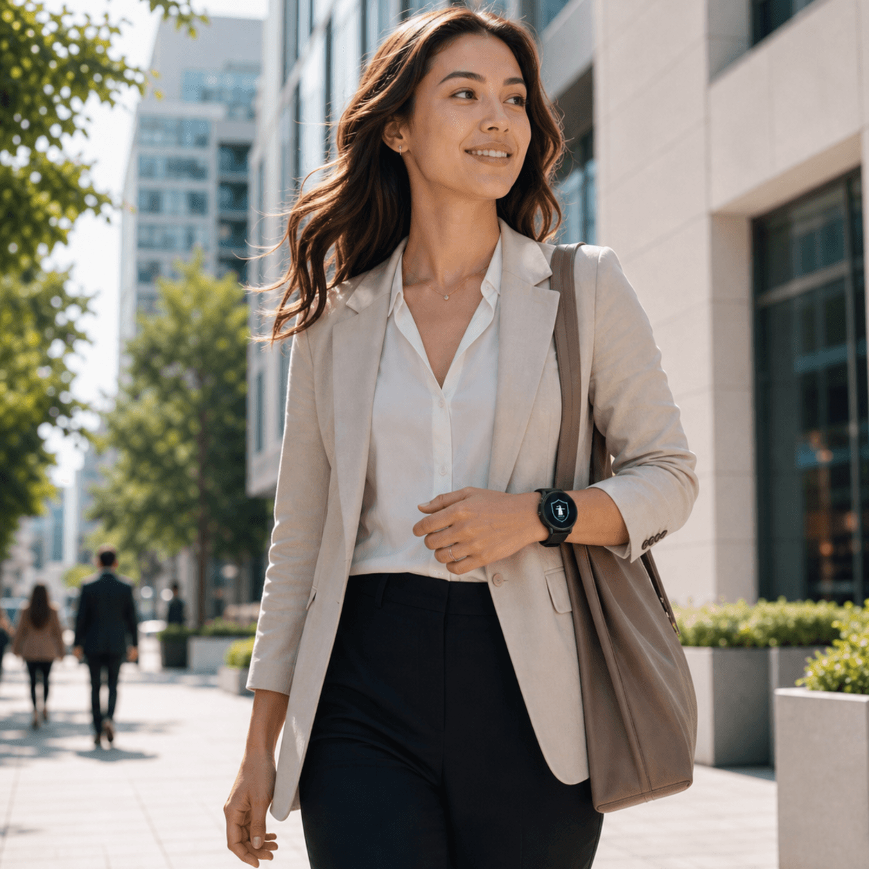 Professional walking confidently with personal safety support