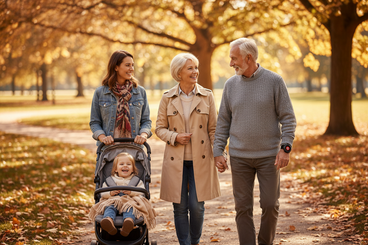 Three generations of family outdoors — grandfather wearing Connected and Protected all-black round medical alert smartwatch